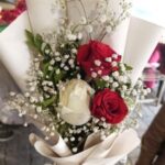 A bouquet of red roses and white baby's breath