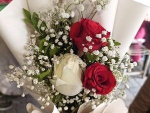 A bouquet of red roses and white baby's breath